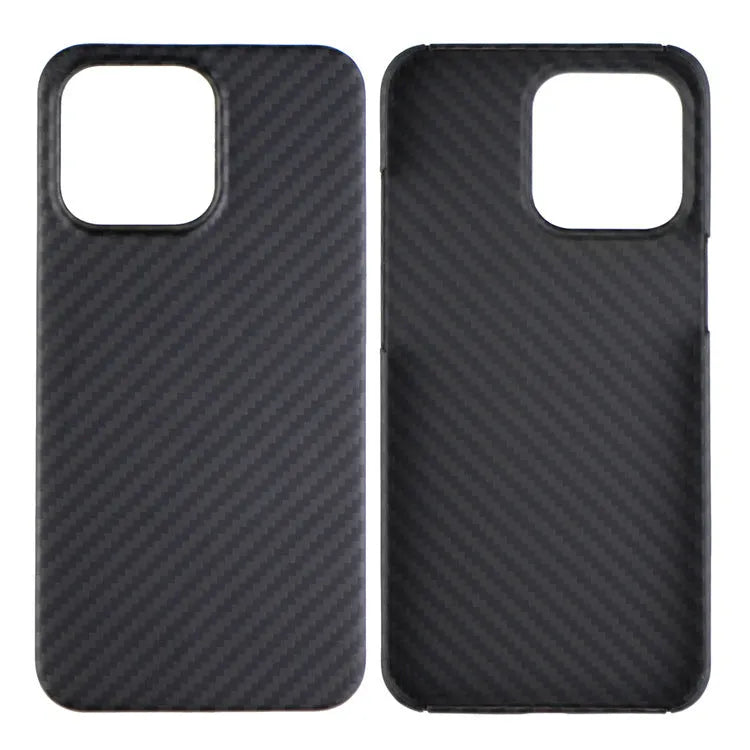 Dull black Kevlar fibre iPhone case with textured volcanic crater pattern and MagSafe magnetic rings