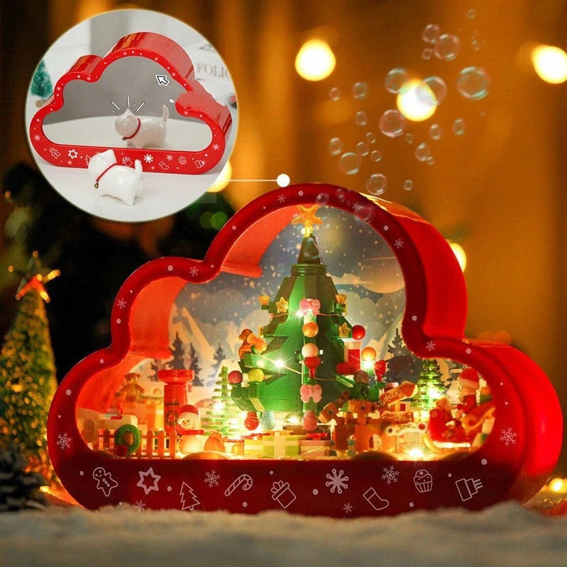 Christmas-themed building block lamp with mirror frame and soft lighting