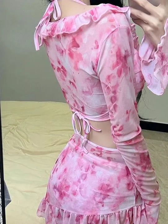 Women's cherry blossom pink floral print bikini swimsuit with coordinated top and bottom
