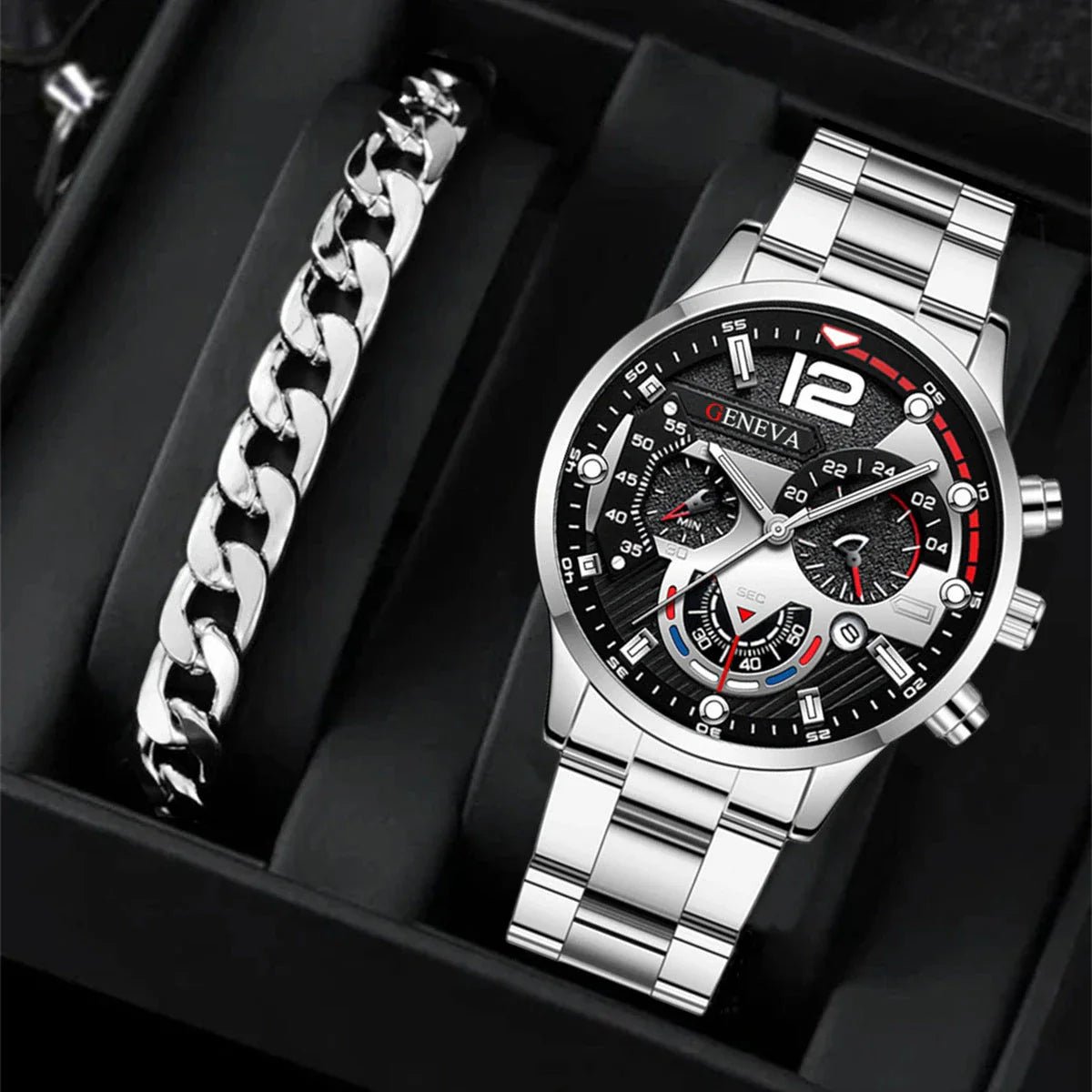 Stylish men's fashion watch and bracelet set with stainless steel case and leather strap, perfect for Valentine's Day gift