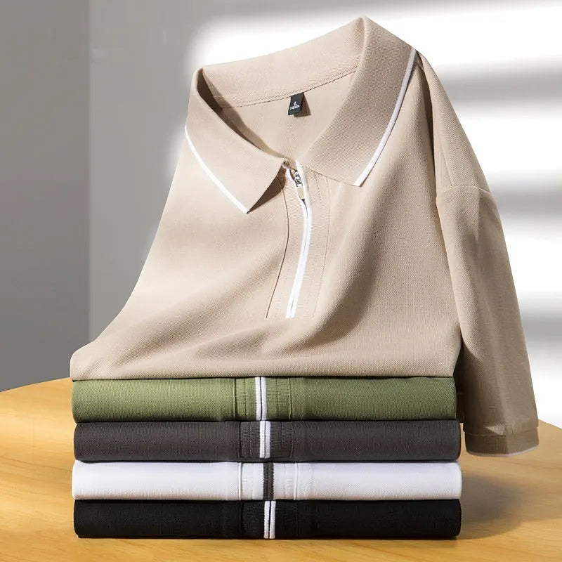 Men's slim fit lapel-collar short sleeve top in a cotton blend fabric, shown in graphite gray.
