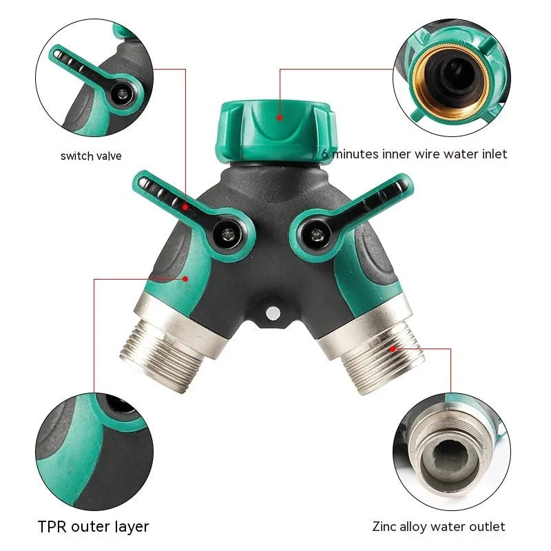 Zinc alloy garden hose ball valve diverter with 6-point double pass design for watering systems
