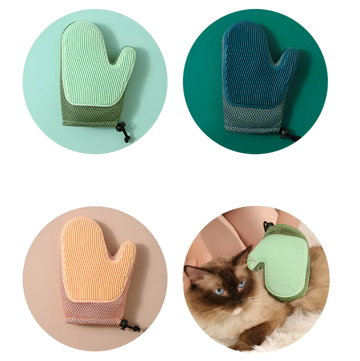 2-in-1 floating hair removal pet grooming glove in blue, pink or green, mesh and TPR, for dogs and cats