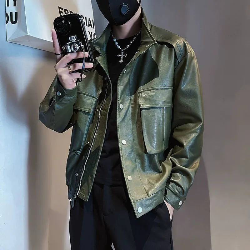 Korean style black PU leather jacket for men with straight hem and no hood
