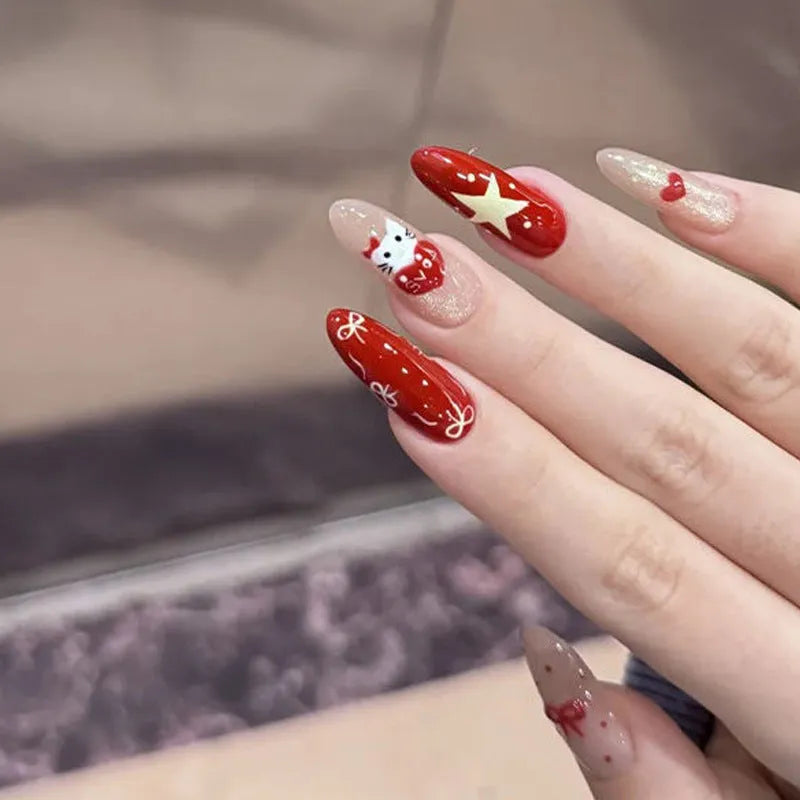 Medium length coffin-shaped fake nails in mixed colours with nail glue and application tools