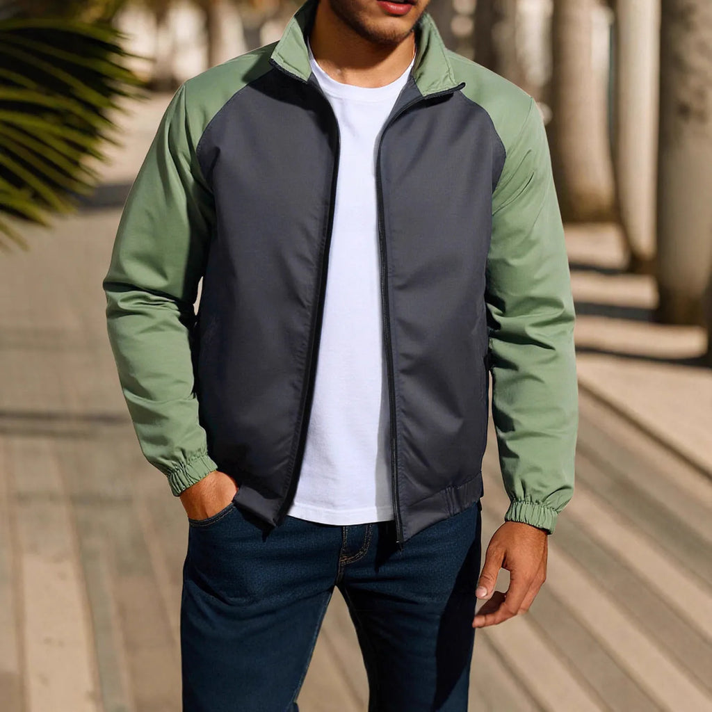 Men's casual coat with stand collar and contrast colour detailing in polyester blend fabric