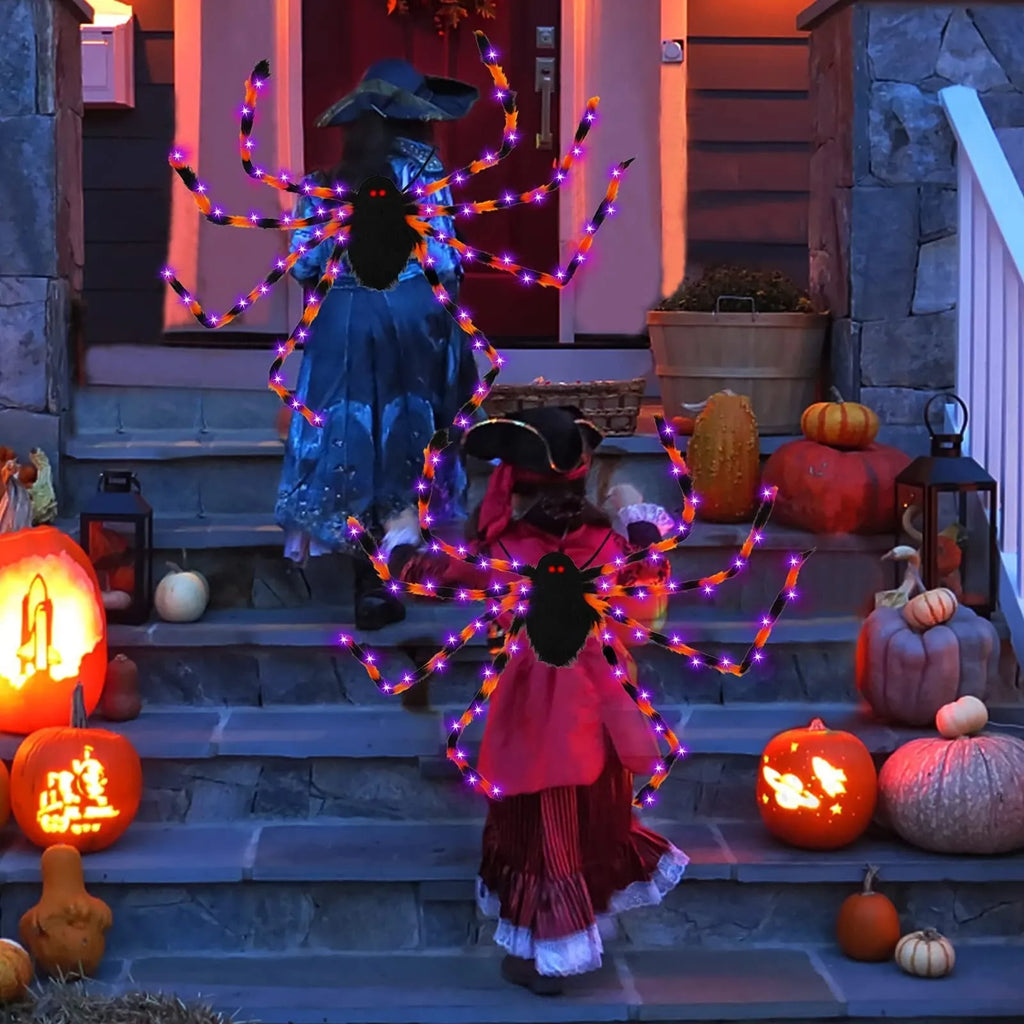 Halloween spider backpack with LED lights in plush sugar bag design, shown in multiple colour options.