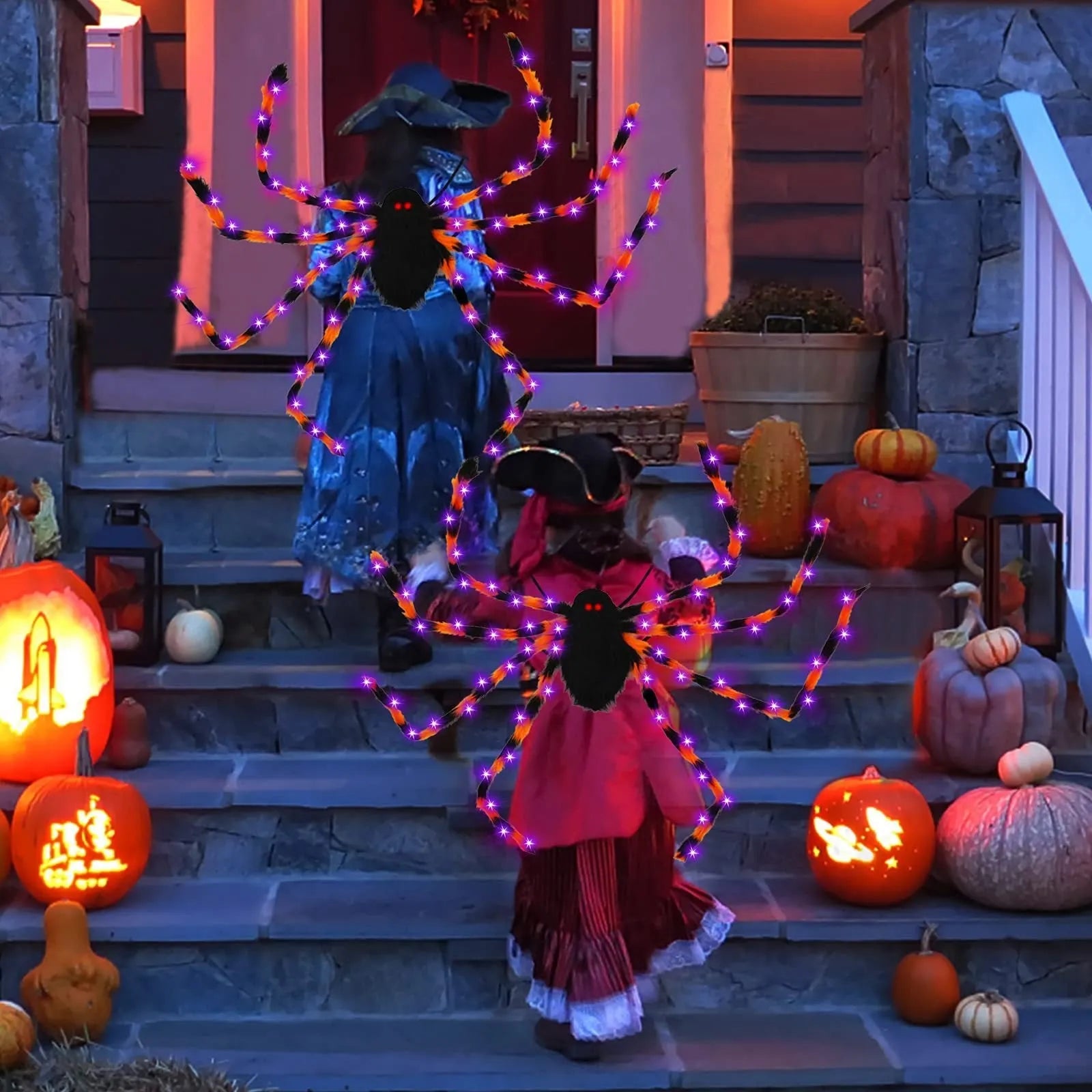 Halloween spider backpack with LED lights in plush sugar bag design, shown in multiple colour options.