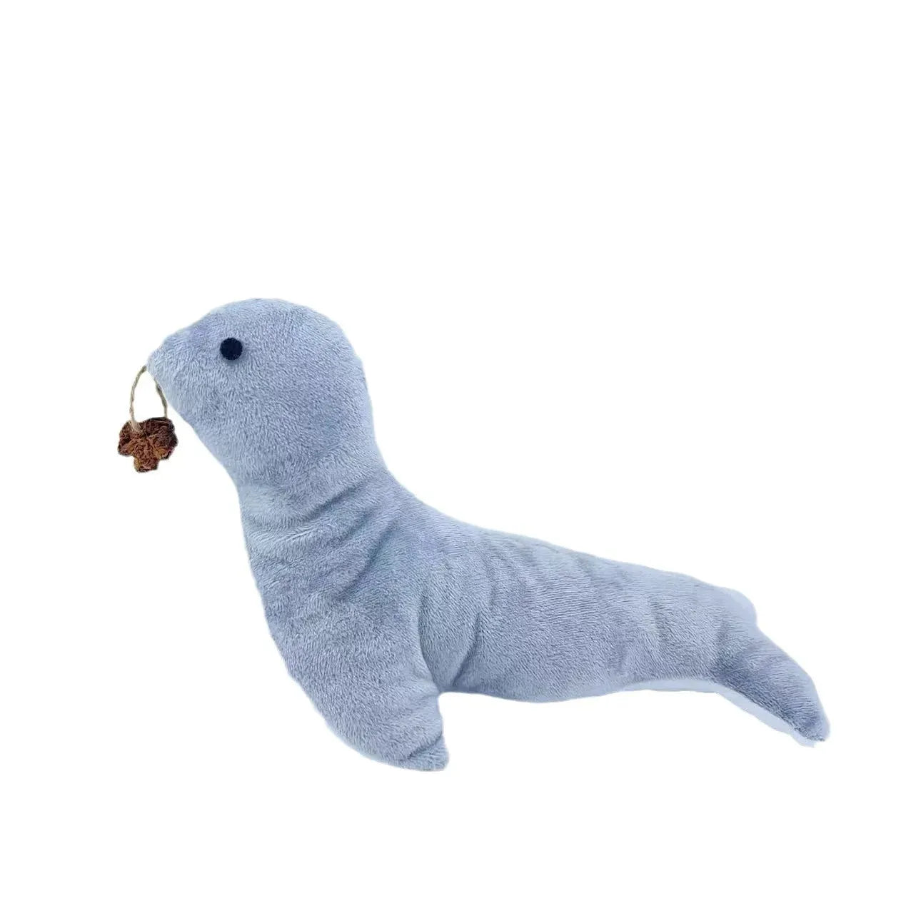 Blue sea lion plush cat toy with bell and catnip for teeth grinding and interactive play