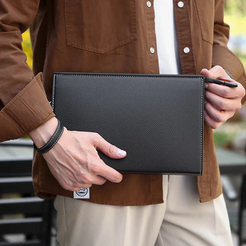 New Clutch Men's Briefcase Soft Leather Black PU Material Sewing Thread Business Handbag