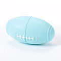 Blue silicone rugby ball dog toy with a hollow centre for holding treats.
