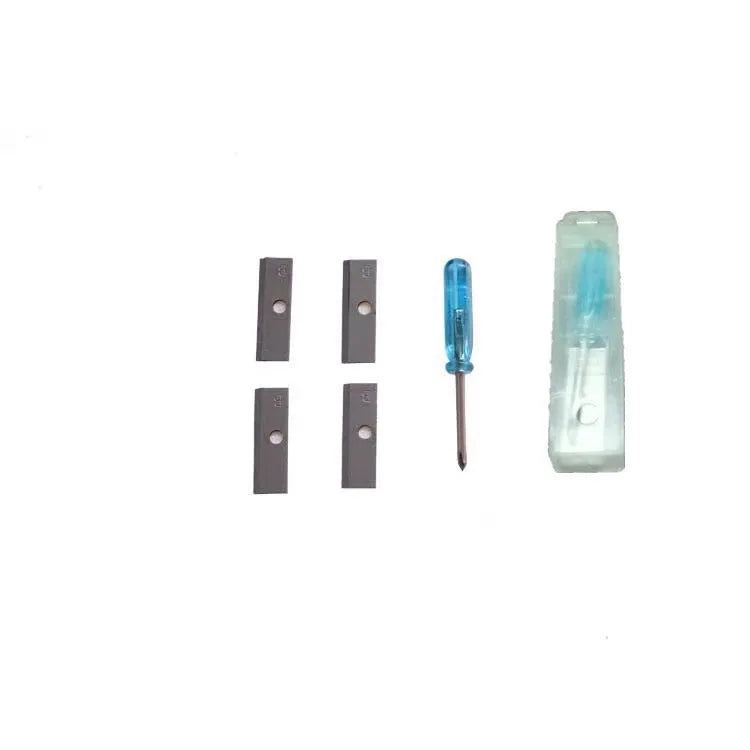 Four-hole pencil sharpener with geometric plastic design and replaceable blade system