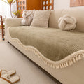 Special-shaped tassle short plush non-slip polyester sofa cover in khaki colour, 90cm width