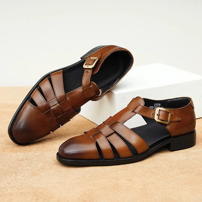 Men's black genuine leather retro-style slip-on sandals with an open toe and rubber sole.