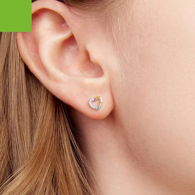 S925 sterling silver heart-shaped zircon stud earrings in colour SCE1945 with electroplated finish, supplied as a pair for women