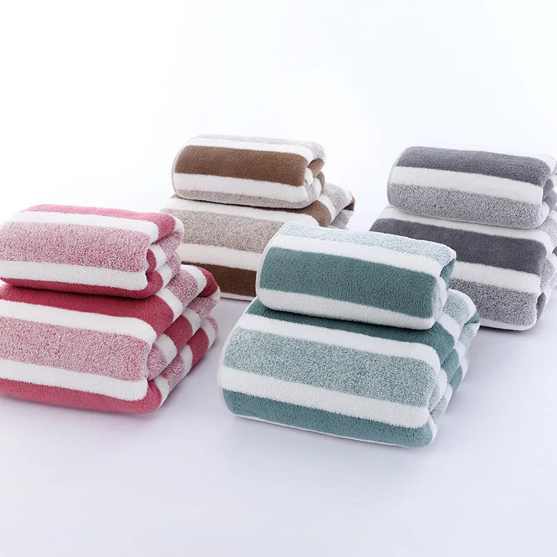 Coral fleece towel with wide stripe dark light pattern in multiple colours