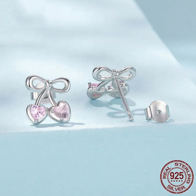 Sweet cherry stud earrings in S925 sterling silver with romantic heart detail, fairy style for women