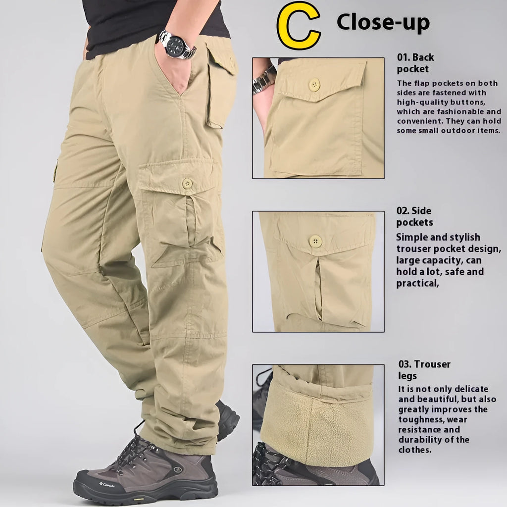 Men's cotton velvet overalls with wool lining in khaki, black, and army green colours showing loose fit and straight leg design