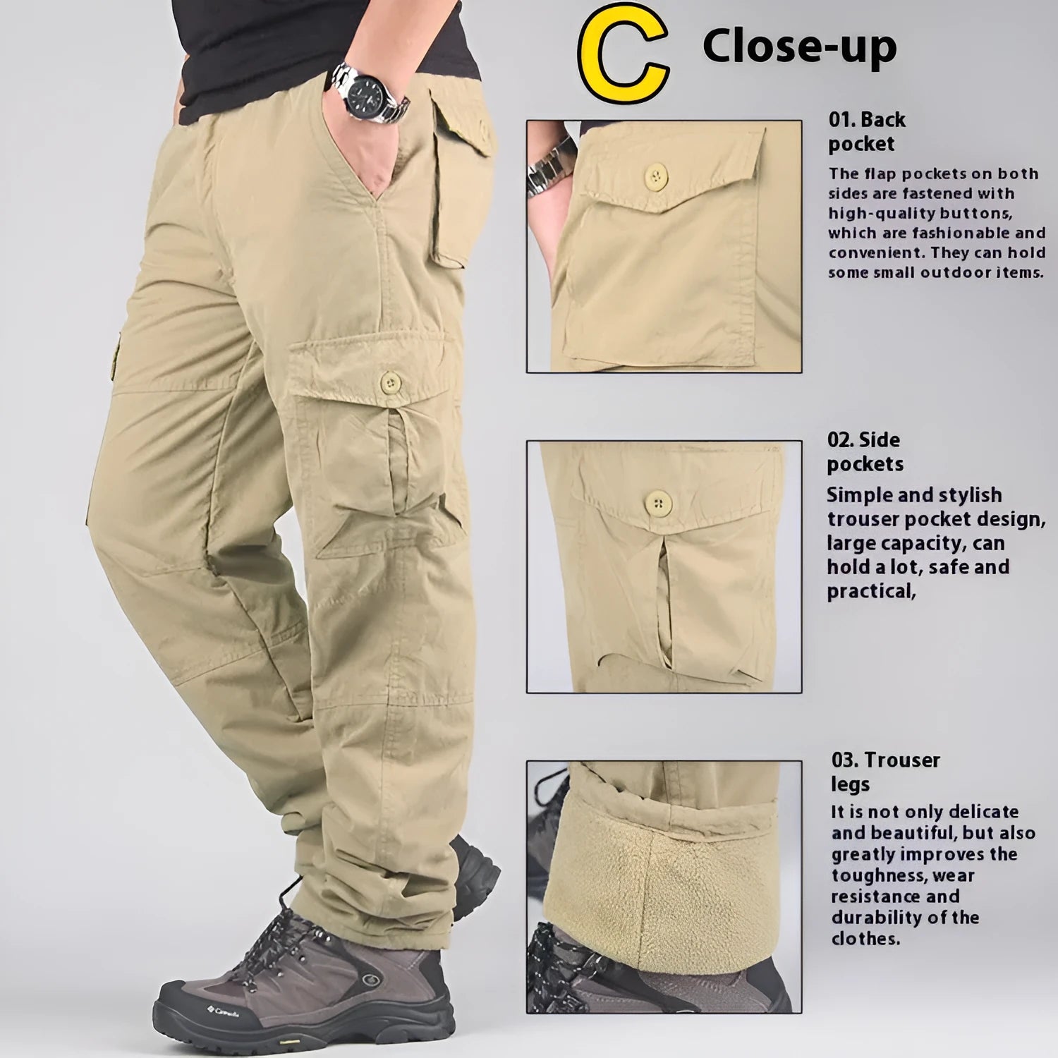 Men's cotton velvet overalls with wool lining in khaki, black, and army green colours showing loose fit and straight leg design