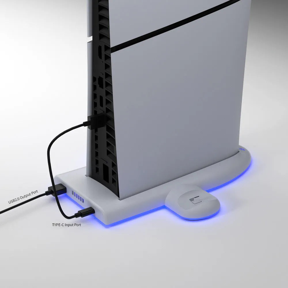 White PS5 Slim charging base with cooler fan, RGB lighting, and fixed charger belt