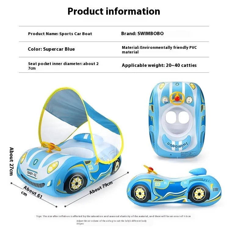 Pink children's inflatable swimming ring with mini steering wheel and sports car boat cartoon design
