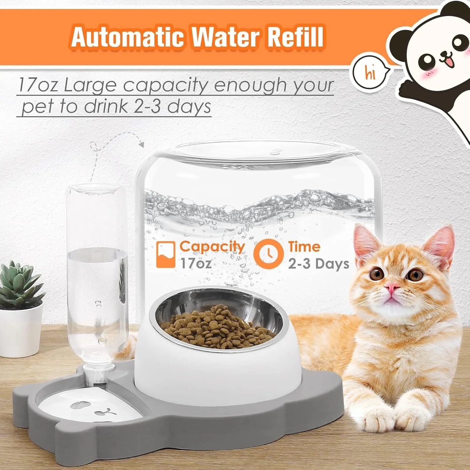 Grey and green panda-shaped raised pet bowl set with tilted bowls and a large water bottle.