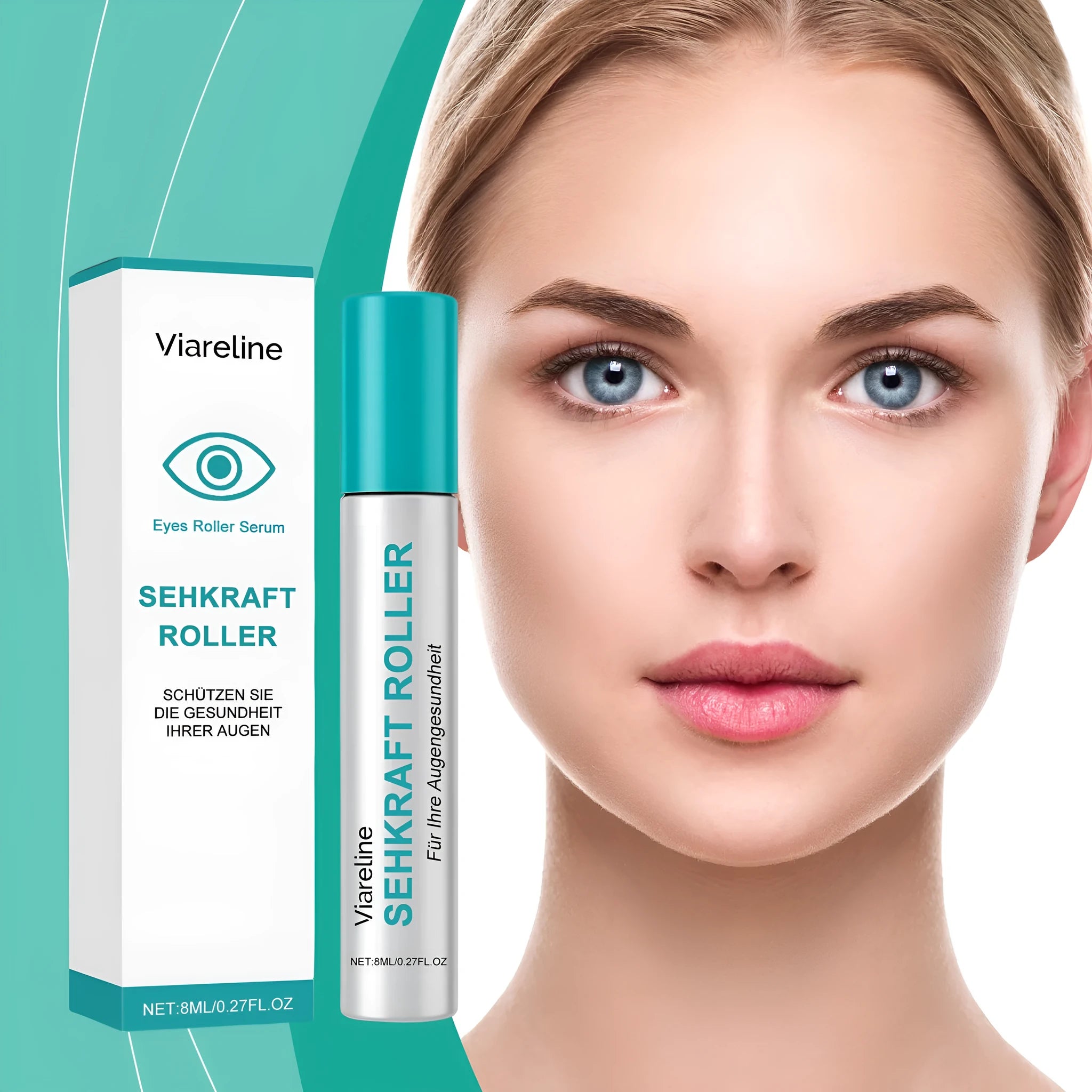 8ml bottle of eye care ball serum with mentha piperita and sodium hyaluronate for mild eye massage.
