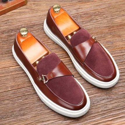 Plus size men's board shoes in black with round toe, flat heel, and artificial PU upper