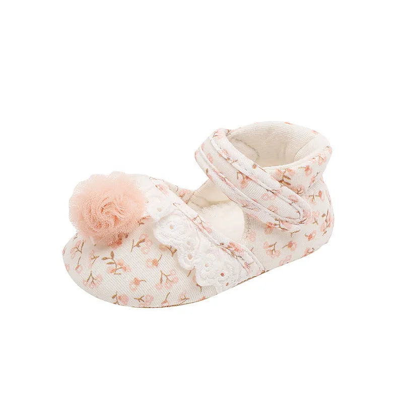 Children's cotton floral princess shoes with Velcro fastening, low-top design, small flower high heels colour, inner length 11cm 12cm 13cm