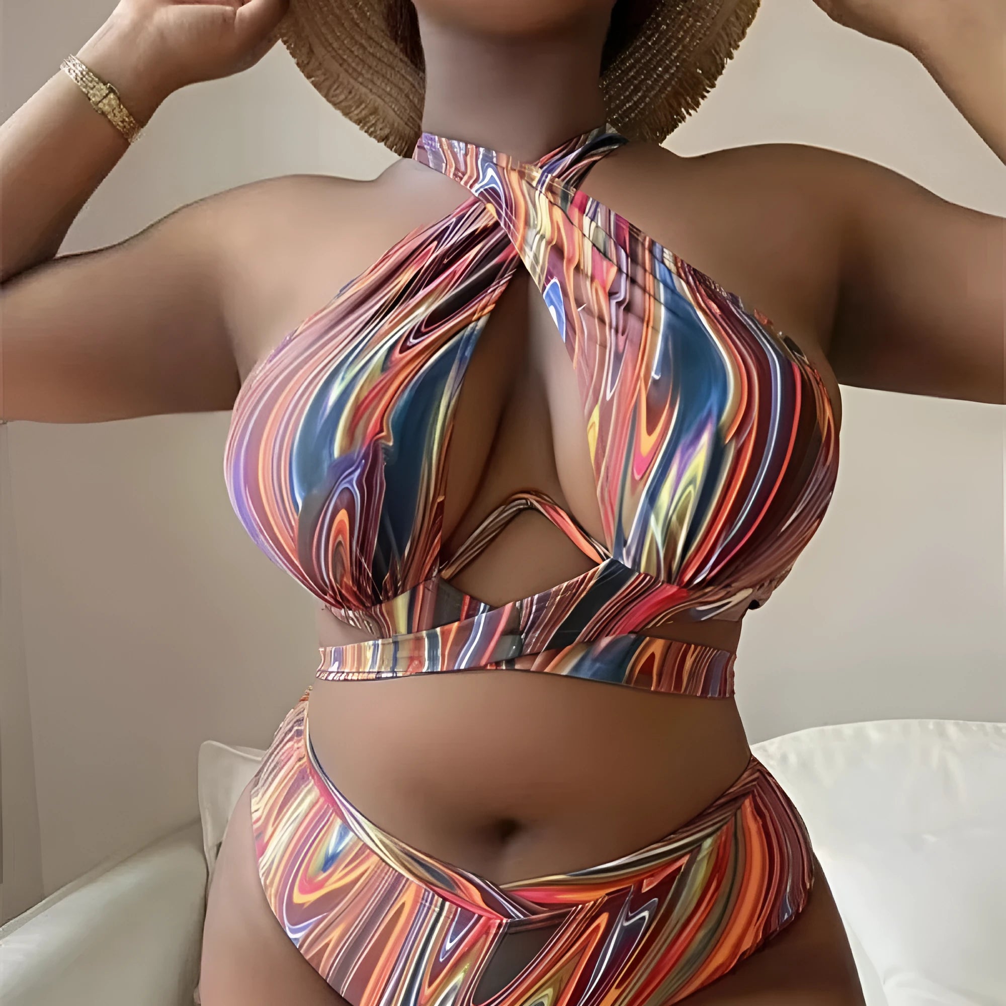 Women's floral pattern high waist bikini swimsuit in plus sizes