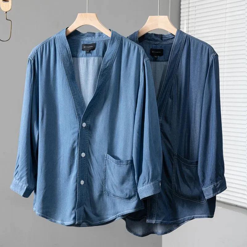 Men's dark blue denim coat with three-quarter sleeves and V-neck collar