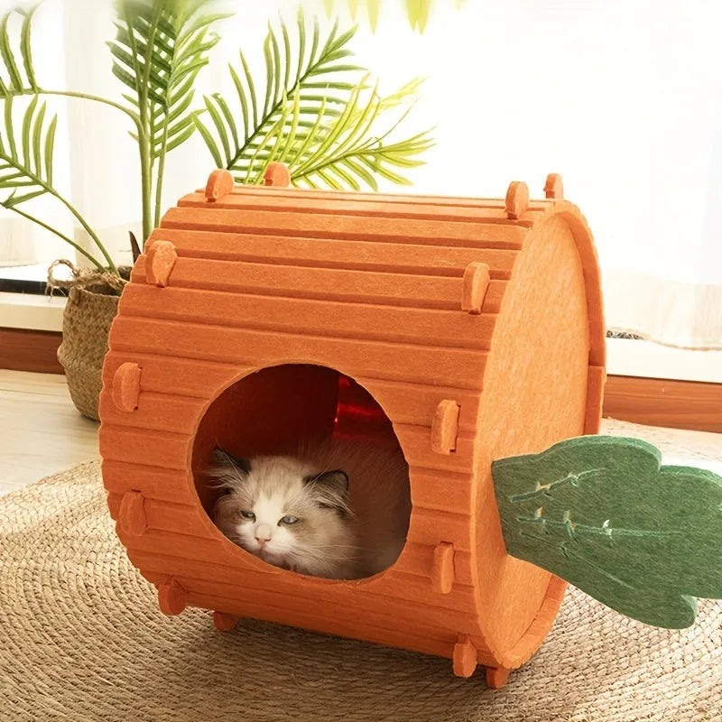 Orange felt carrot-shaped cat nest with a round tunnel entrance, shown in medium and large sizes.