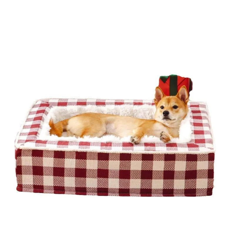 Classic plaid dog kennel cushion with removable washable cover in red, blue, black, and brown colour options.