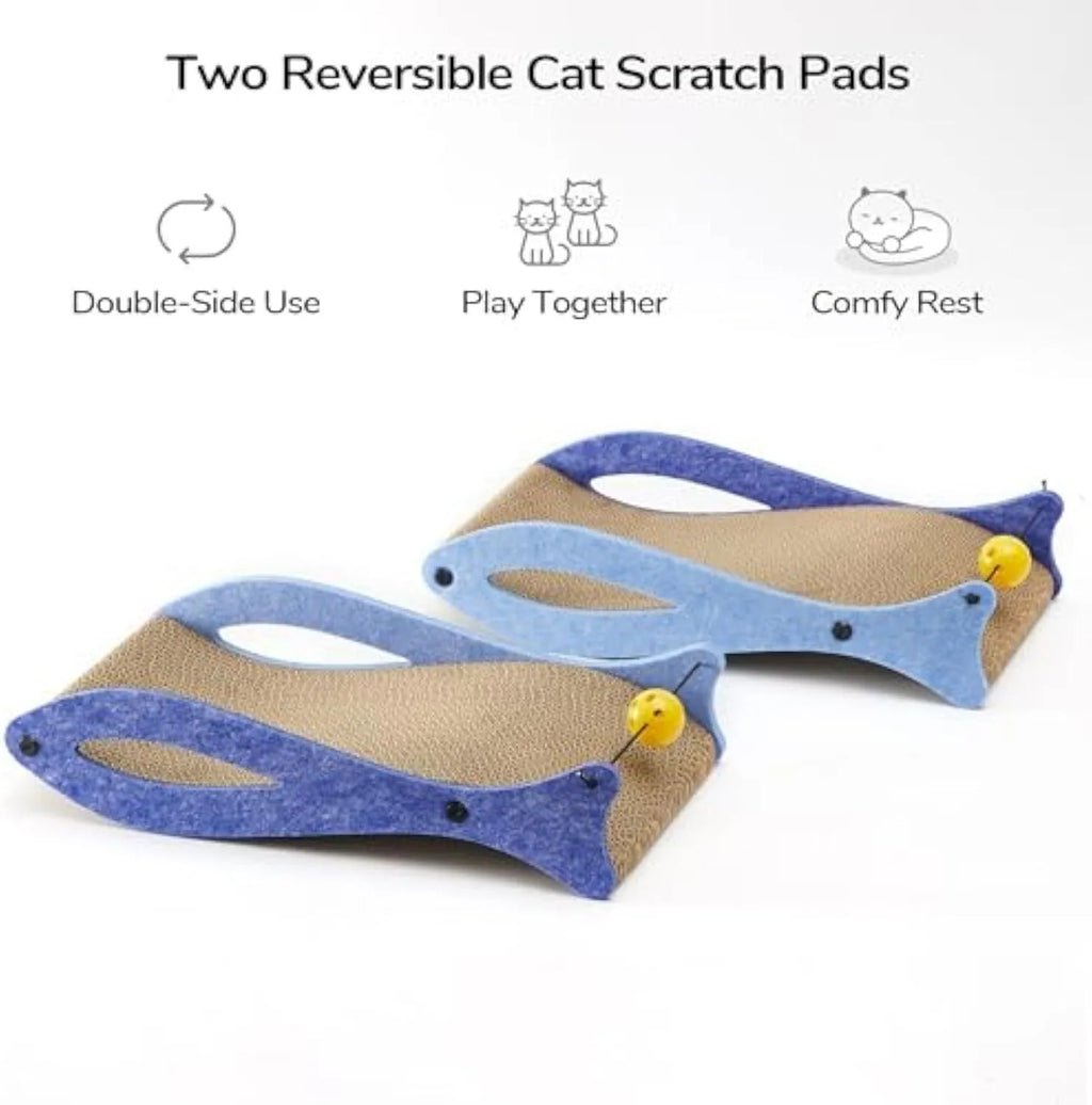 Blue fish-shaped cardboard cat scratcher pad with a red bell toy attached