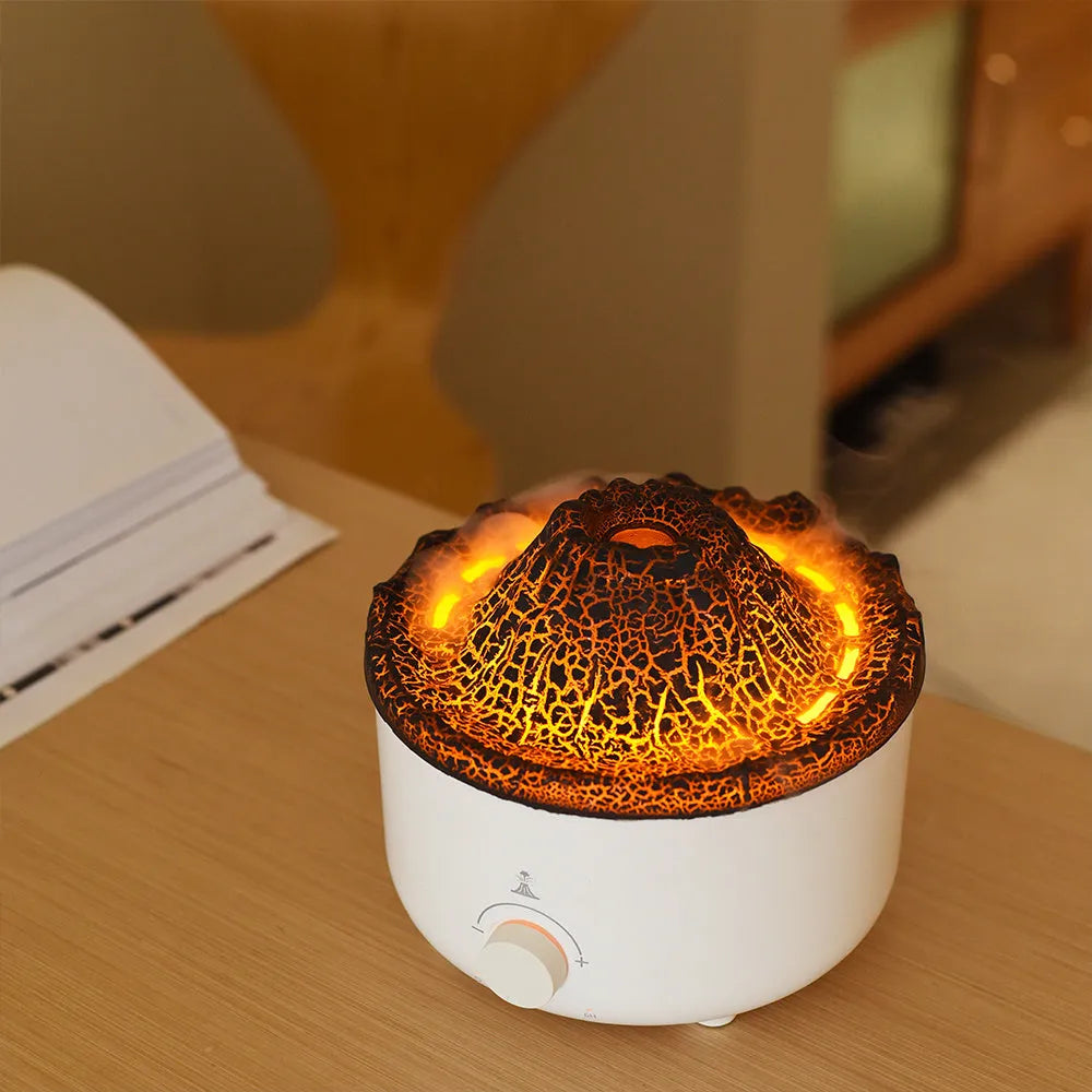 White volcano-shaped humidifier with flame effect lighting and remote control
