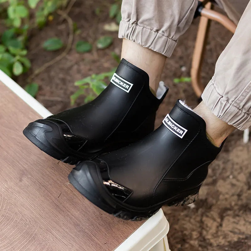 Pair of large size fixed velvet PVC rain boots in black, with round toe and flat heel, for outdoor use