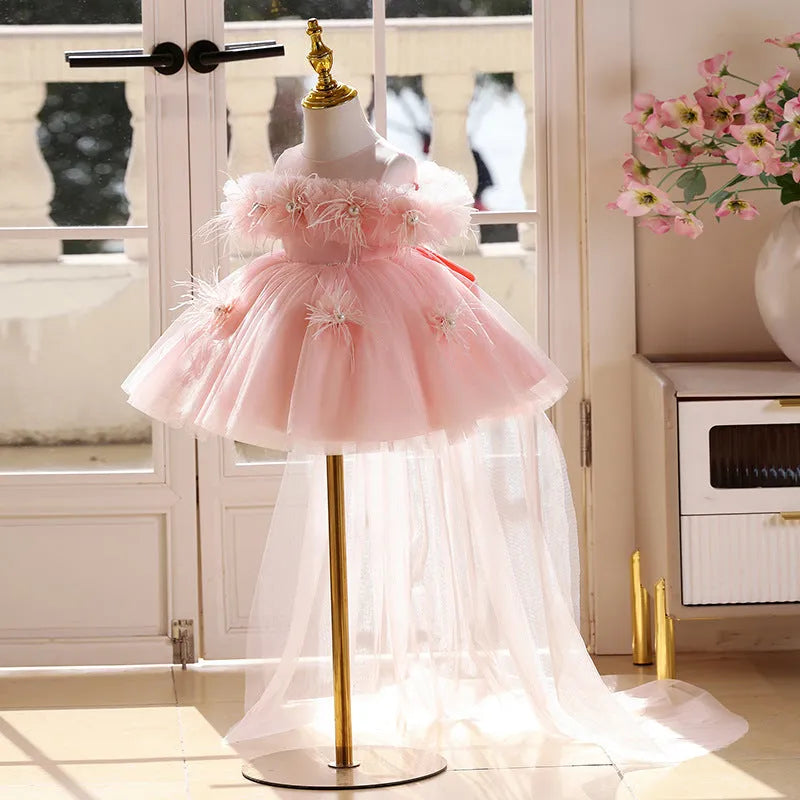 Girls pink tulle tutu skirt, polyester princess dress, height sizes 80cm to 150cm