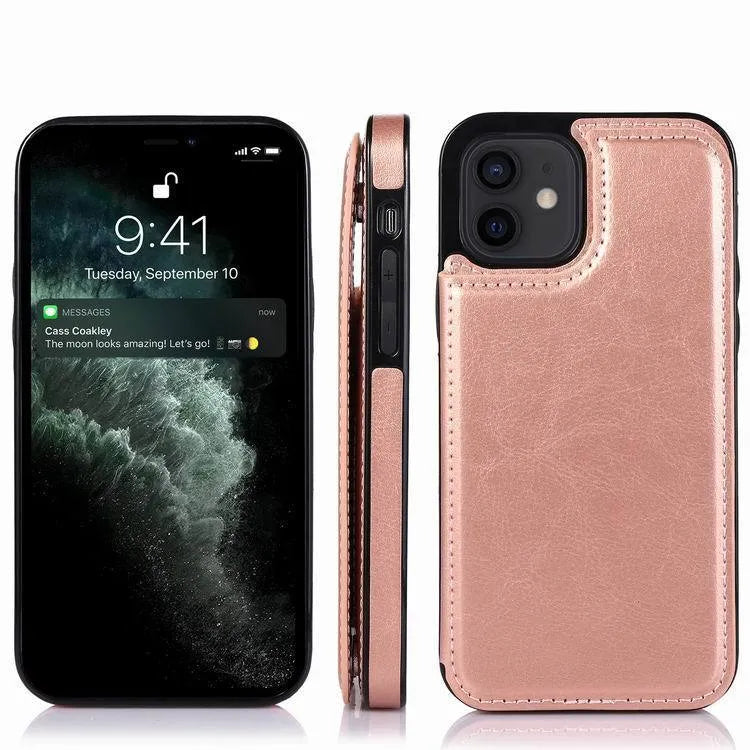 Brown crazy horse pattern leather holster case for Apple iPhone 13 with a visible double buckle.