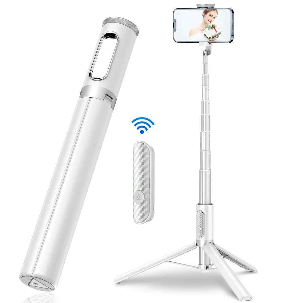 Black gold aluminum alloy Bluetooth selfie stick tripod extended to 1.7m holding a smartphone