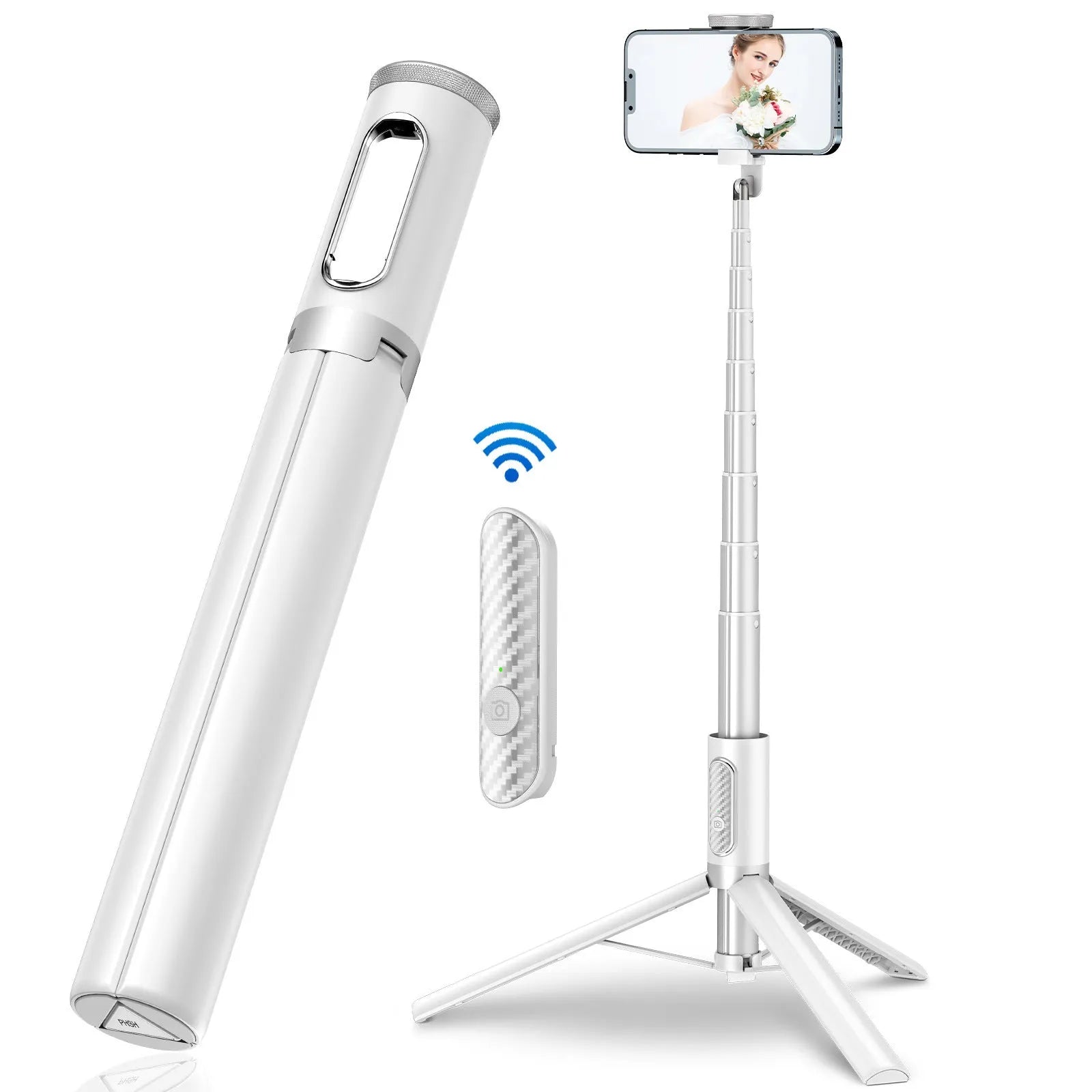 Black gold aluminum alloy Bluetooth selfie stick tripod extended to 1.7m holding a smartphone