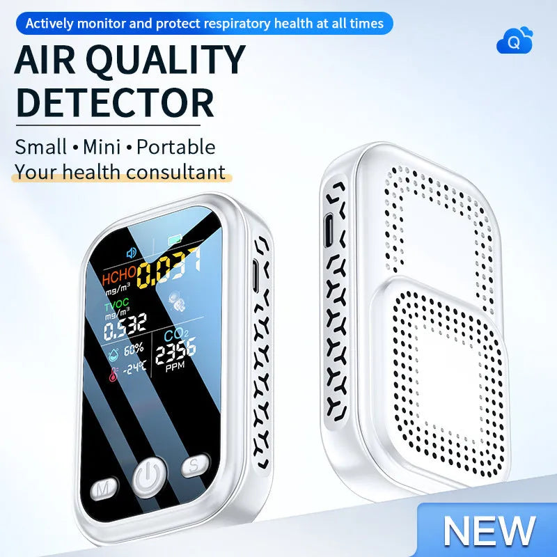Handheld portable air quality detector with temperature and humidity display, black, 85x51x17mm