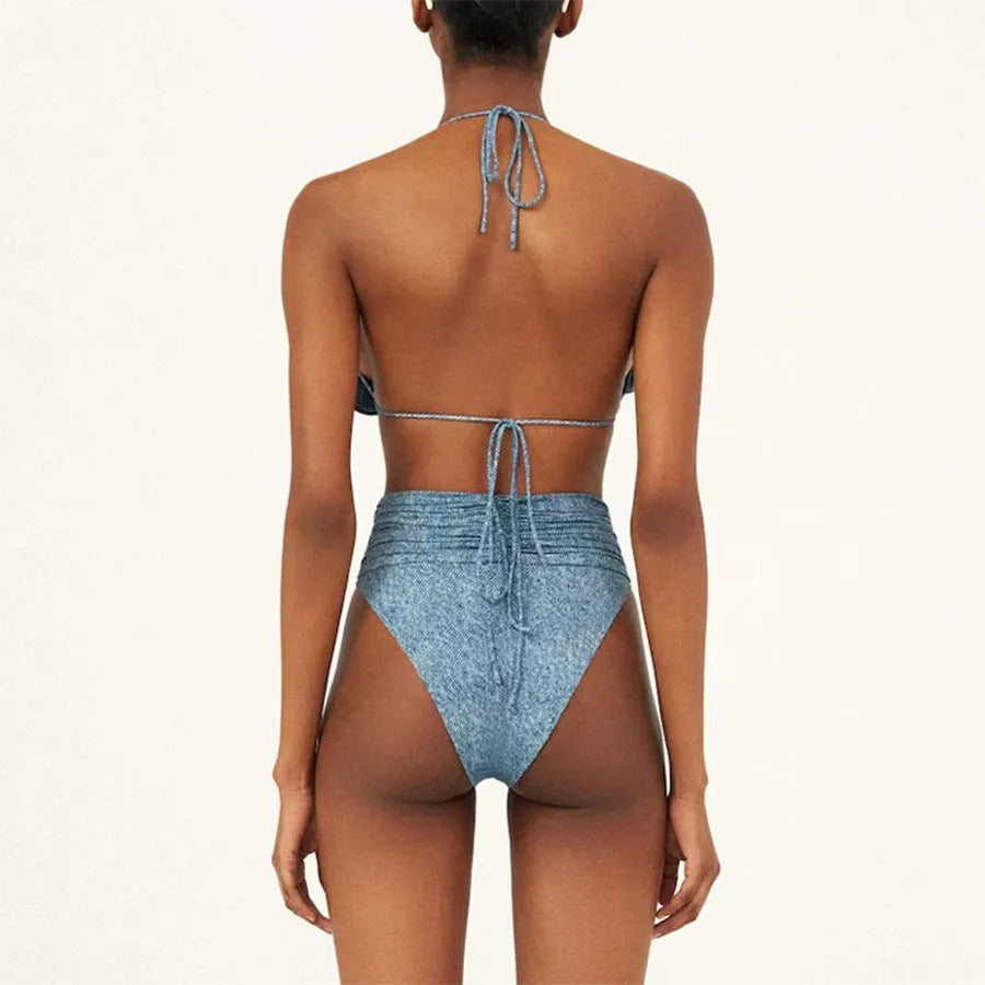 Women's one-shoulder cowboy print one-piece swimsuit with hollow-out detailing.