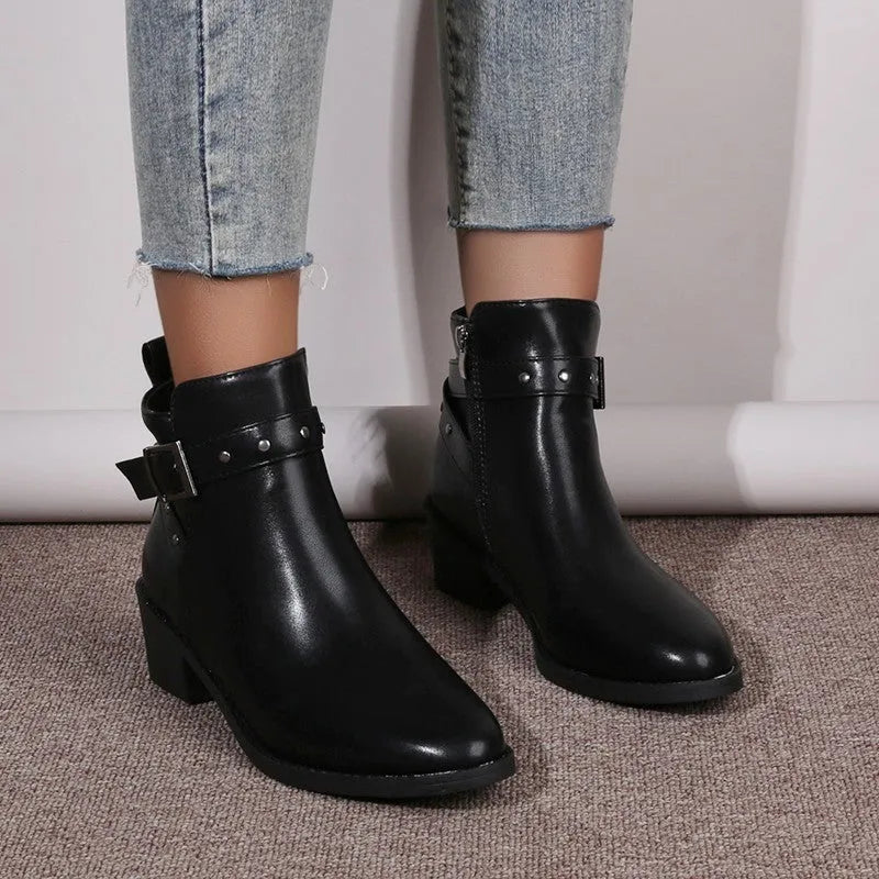 Retro chunky heel studded buckle pointed toe Martin boots in faux leather, black colour, block heel, rubber sole.