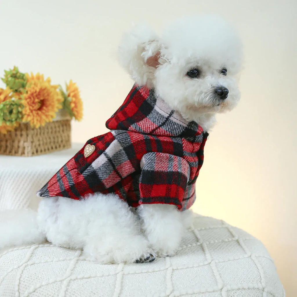 Red plaid polyester trench coat for pets with sizing from XS to XL