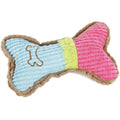 Three plush dog squeaky toys in assorted colours arranged together, showing 17cm size and soft fabric texture.