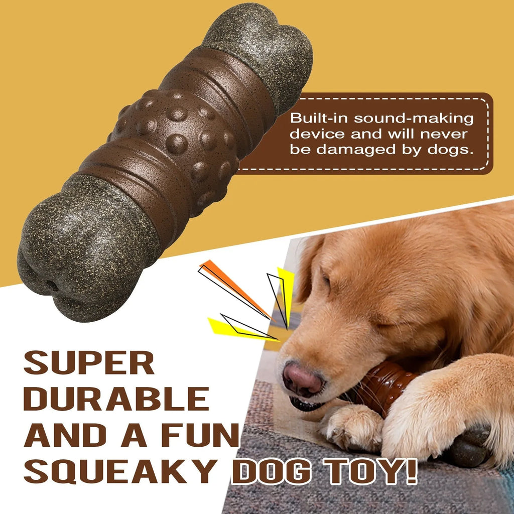 Wood-colour plastic sound-emitting dog molar chew toy measuring 20cm long