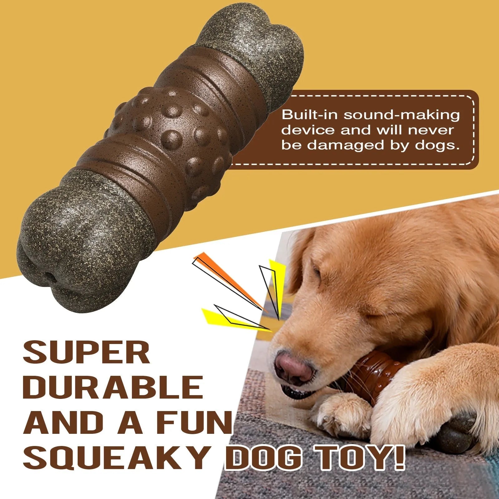 Wood-colour plastic sound-emitting dog molar chew toy measuring 20cm long