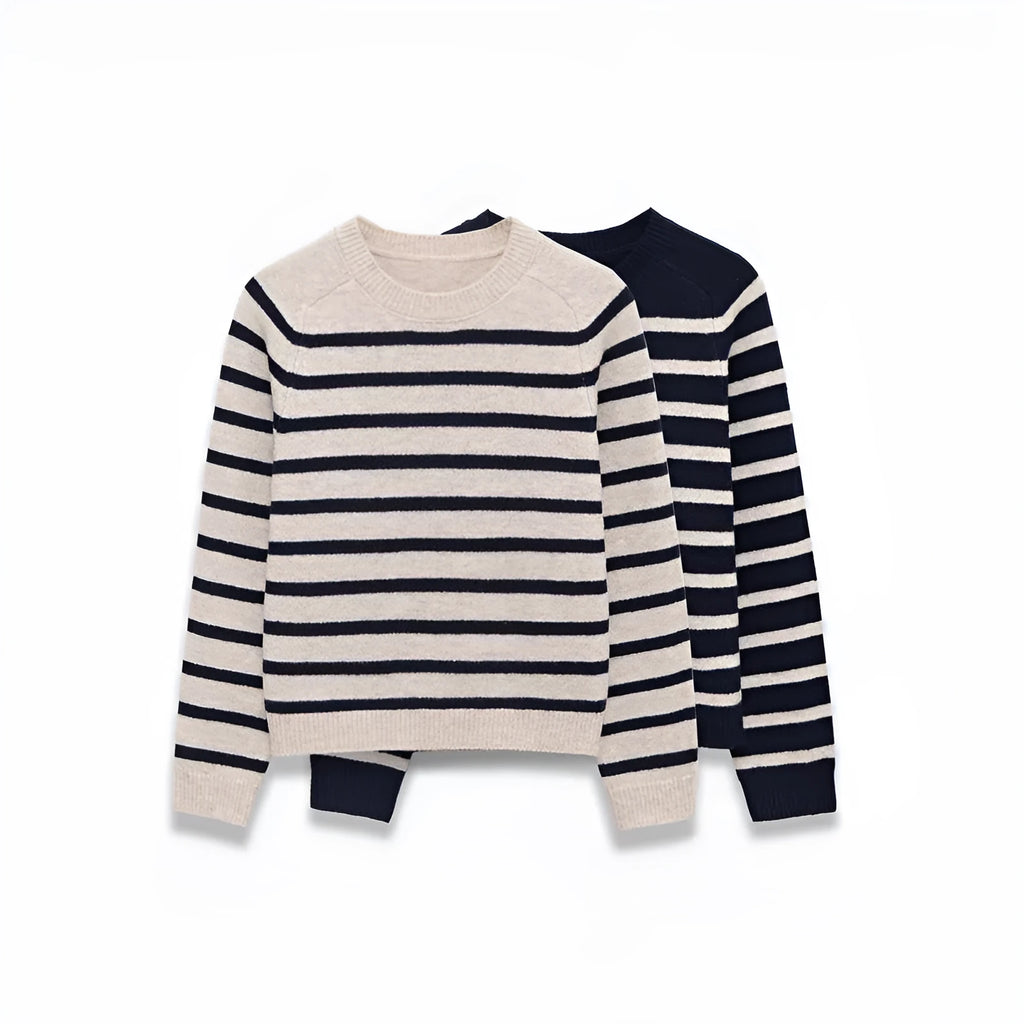 Women's loose striped knit sweater pullover with colour block patchwork in apricot and black, round neck long sleeves