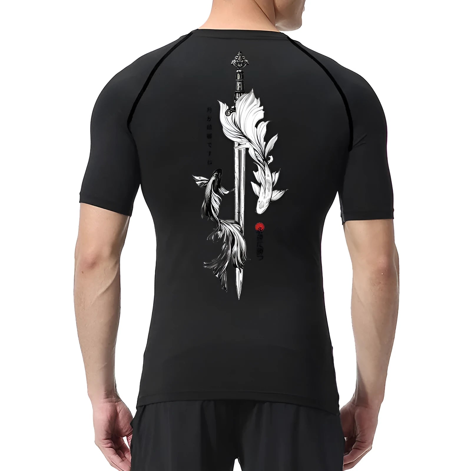 Men's short sleeve compression shirt with sword print design in chemical fibre blend fabric