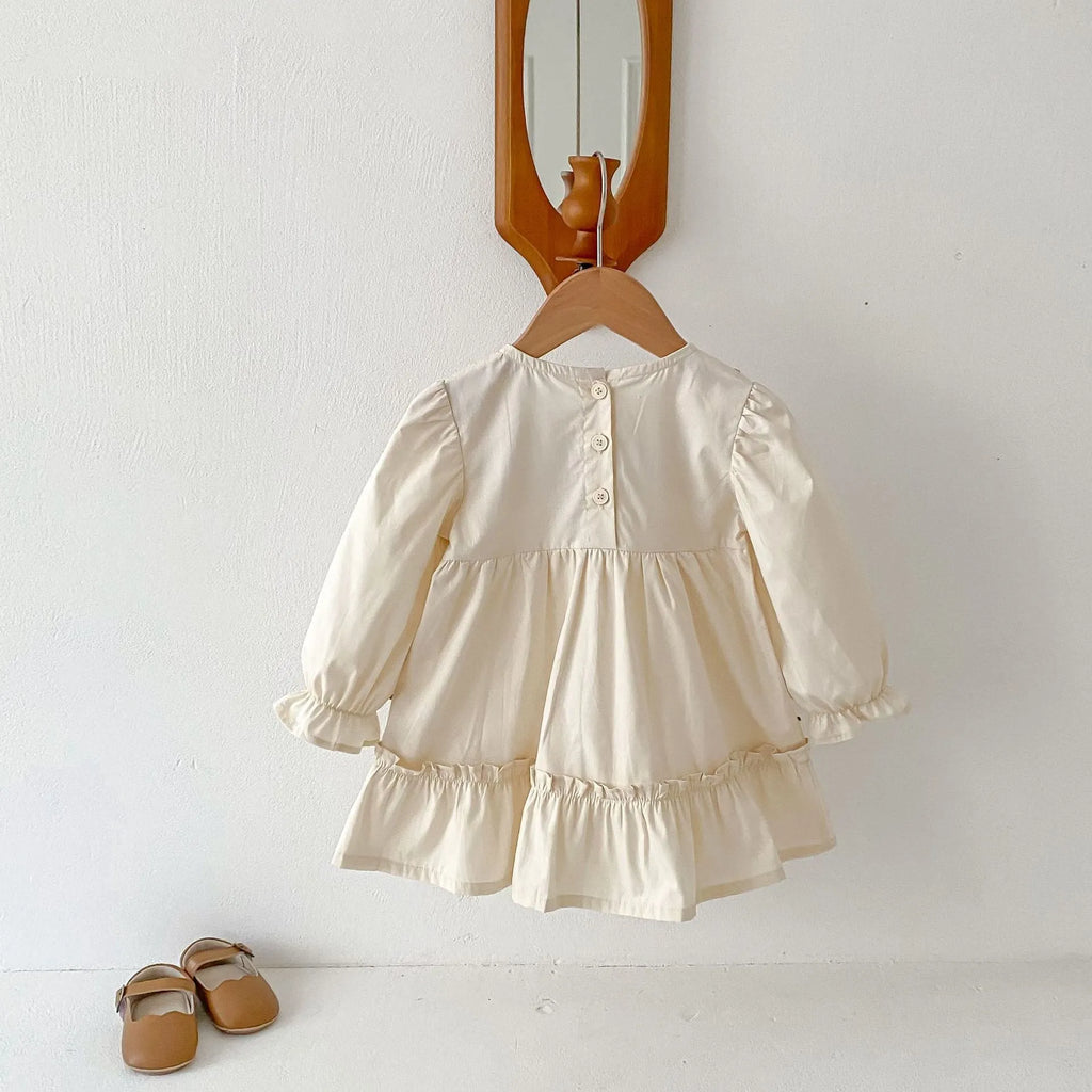 Girls' apricot long sleeve dress with ruffle sleeves, flower embroidery and princess skirt, sizes 80cm to 130cm